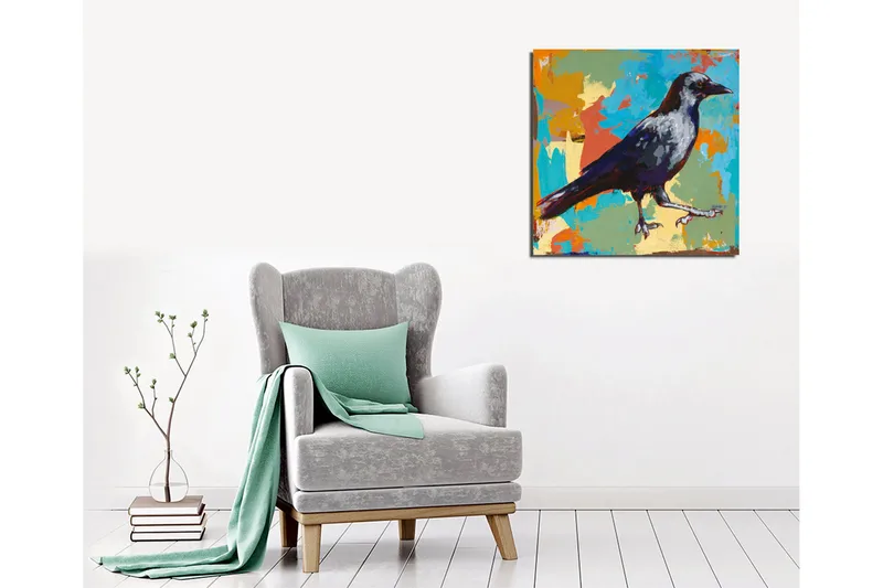 Canvas-taulu 45x45 cm - Värikäs varis kävelee eteenpäin - Sininen / Oranssi / Harmaa - Sisustustuotteet - Taulu & taide - Canvas-taulu