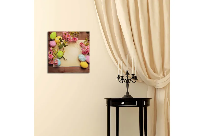 Canvas-taulu 45x45 cm - Värikäs pääsiäiskoriste munilla ja kukilla - Vaaleanpunainen / Vihreä / Keltainen - Sisustustuotteet - Taulu & taide - Canvas-taulu