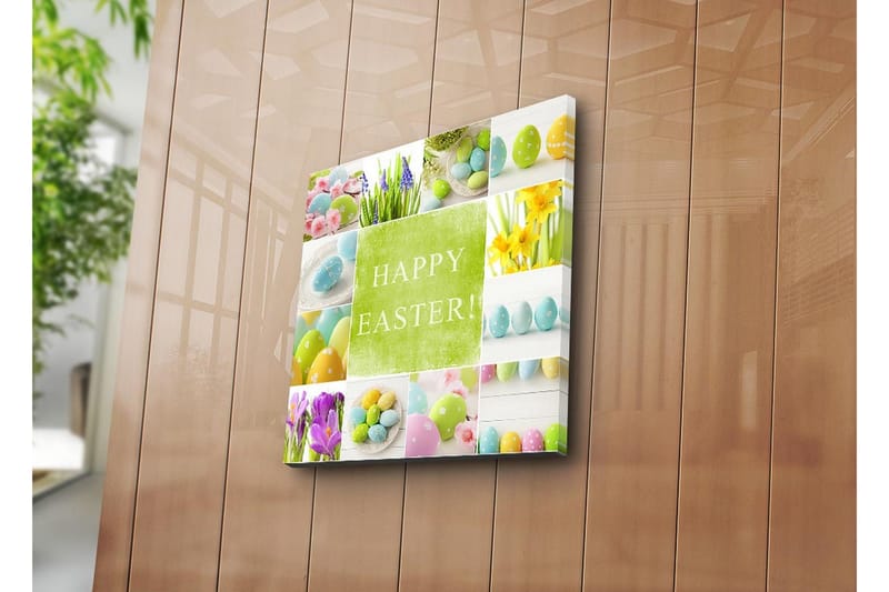 Canvas-taulu 45x45 cm - Värikäs pääsiäiskoriste munilla ja kukilla - Vihreä / Vaaleansininen / Keltainen - Sisustustuotteet - Taulu & taide - Canvas-taulu