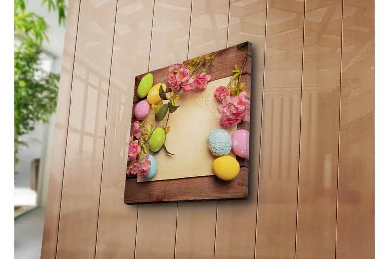Canvas-taulu 45x45 cm - Värikäs pääsiäiskoriste munilla ja kukilla, Vaaleanpunainen / Vihreä / Keltainen