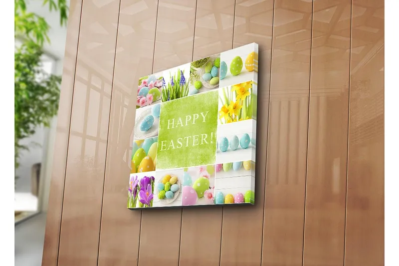 Canvas-taulu 45x45 cm - Värikäs pääsiäiskoriste munilla ja kukilla - Vihreä / Vaaleansininen / Keltainen - Sisustustuotteet - Taulu & taide - Canvas-taulu