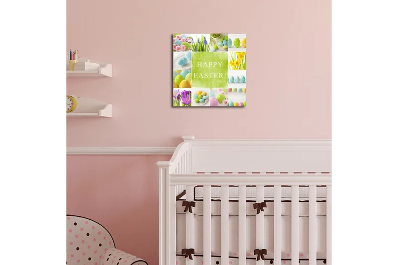 Canvas-taulu 45x45 cm - Värikäs pääsiäiskoriste munilla ja kukilla - Vihreä / Vaaleansininen / Keltainen - Sisustustuotteet - Taulu & taide - Canvas-taulu