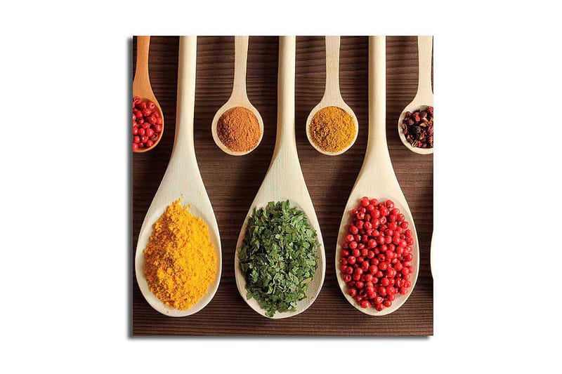 Canvas-taulu 45x45 cm - Värikkäät mausteet puulusikoissa, Keltainen / Vihreä / Punainen