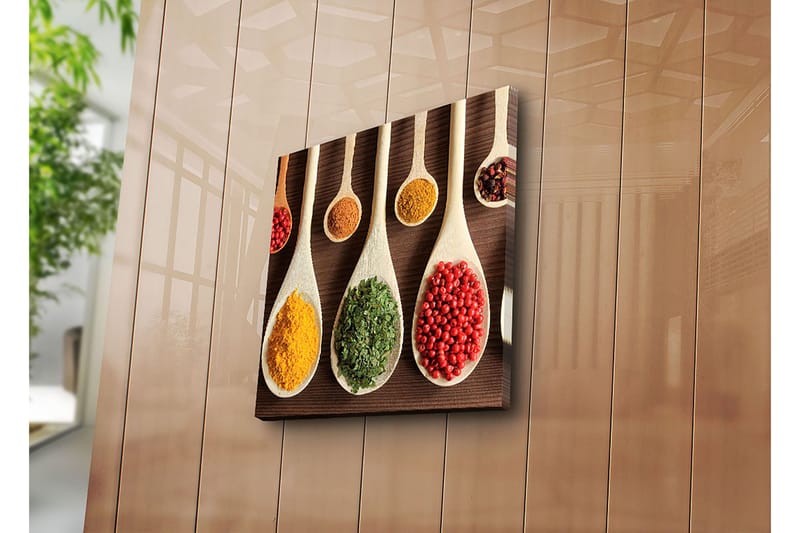 Canvas-taulu 45x45 cm - Värikkäät mausteet puulusikoissa - Keltainen / Vihreä / Punainen - Sisustustuotteet - Taulu & taide - Canvas-taulu