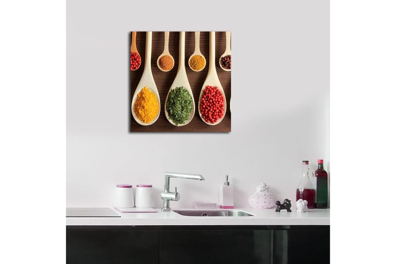 Canvas-taulu 45x45 cm - Värikkäät mausteet puulusikoissa - Keltainen / Vihreä / Punainen - Sisustustuotteet - Taulu & taide - Canvas-taulu