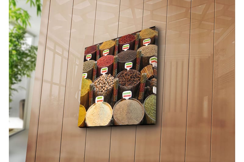 Canvas-taulu 45x45 cm - Värikkäät maustepurkit markkinakojussa - Punainen / Keltainen / Ruskea - Sisustustuotteet - Taulu & taide - Canvas-taulu