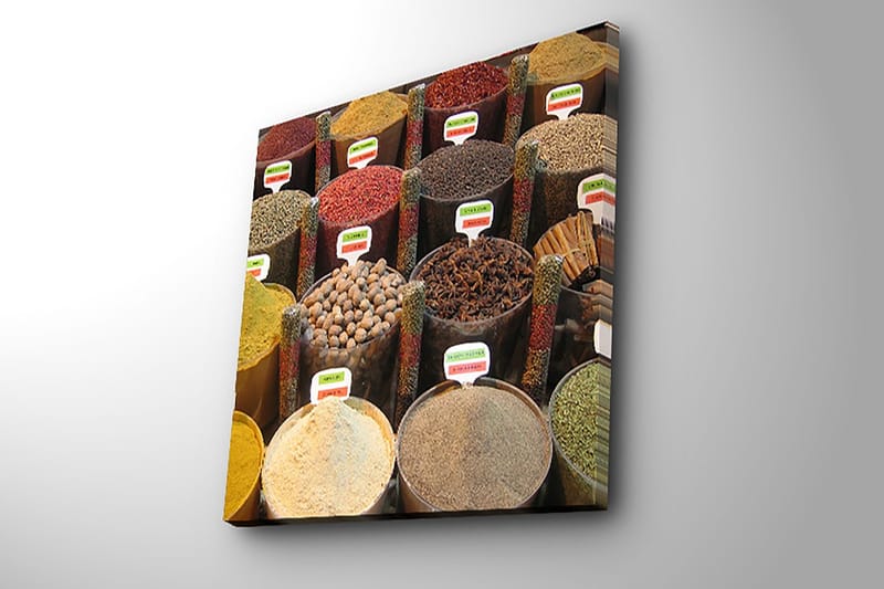 Canvas-taulu 45x45 cm - Värikkäät maustepurkit markkinakojussa - Punainen / Keltainen / Ruskea - Sisustustuotteet - Taulu & taide - Canvas-taulu