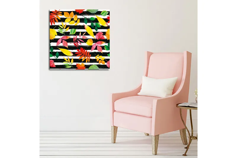 Canvas-taulu 45x45 cm - Värikkäät syksyn lehdet mustavalkoisella raidallisella taustalla - Punainen / Vihreä / Keltainen - Sisustustuotteet - Taulu & taide - Canvas-taulu