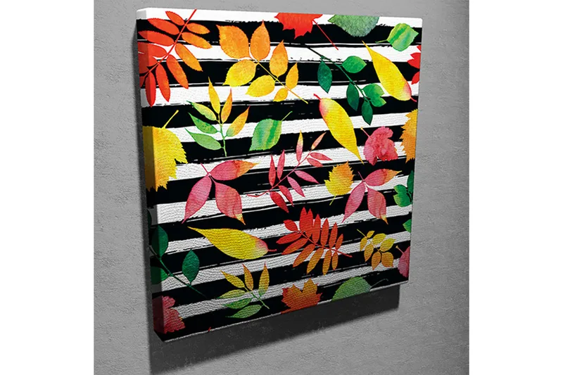 Canvas-taulu 45x45 cm - Värikkäät syksyn lehdet mustavalkoisella raidallisella taustalla - Punainen / Vihreä / Keltainen - Sisustustuotteet - Taulu & taide - Canvas-taulu