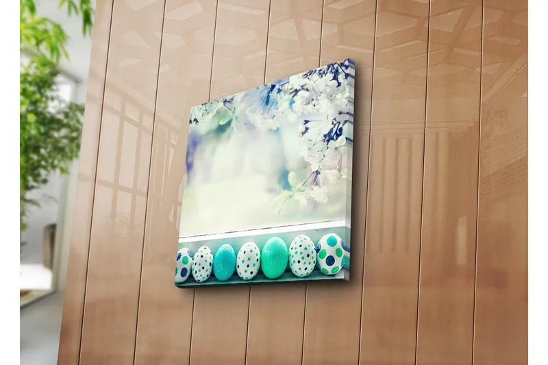 Canvas-taulu 45x45 cm - Värikkäät pääsiäismunat keväisessä ympäristössä - Turkoosi / Valkoinen / Vihreä - Sisustustuotteet - Taulu & taide - Canvas-taulu