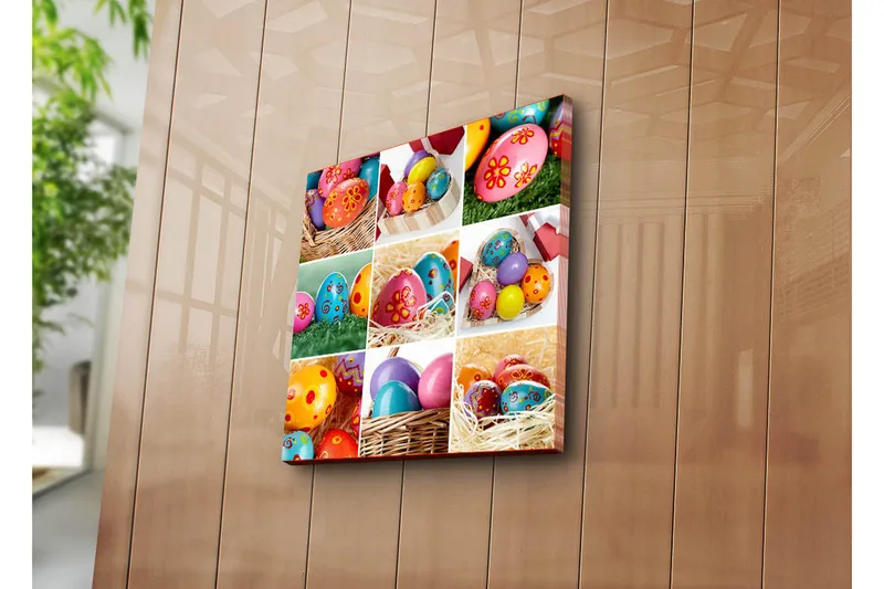 Canvas-taulu 45x45 cm - Värikkäät pääsiäismunat eri kuvioissa ja väreissä, Vaaleanpunainen / Sininen / Keltainen
