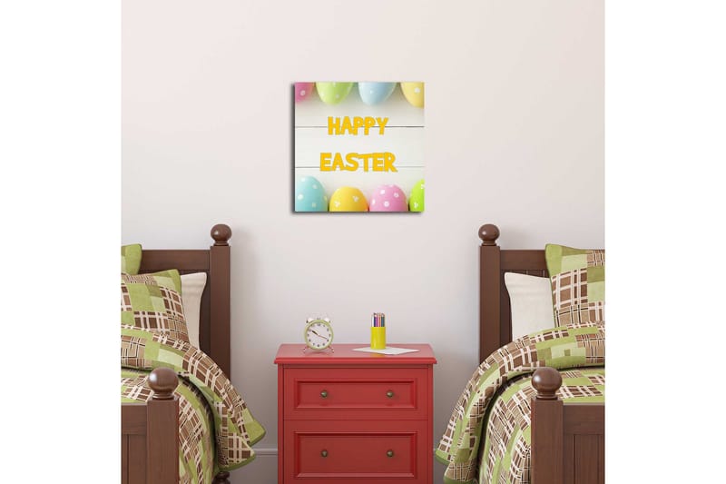Canvas-taulu 45x45 cm - Värikkäät pääsiäismunat tekstillä HAPPY EASTER - Keltainen / Vaaleanpunainen / Vihreä - Sisustustuotteet - Taulu & taide - Canvas-taulu