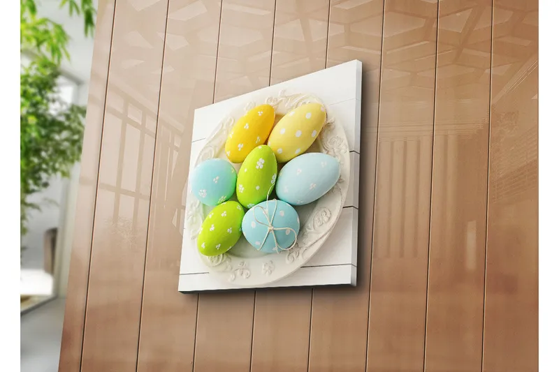 Canvas-taulu 45x45 cm - Värikkäät pääsiäismunat valkoisella lautasella, Keltainen / Vihreä / Sininen