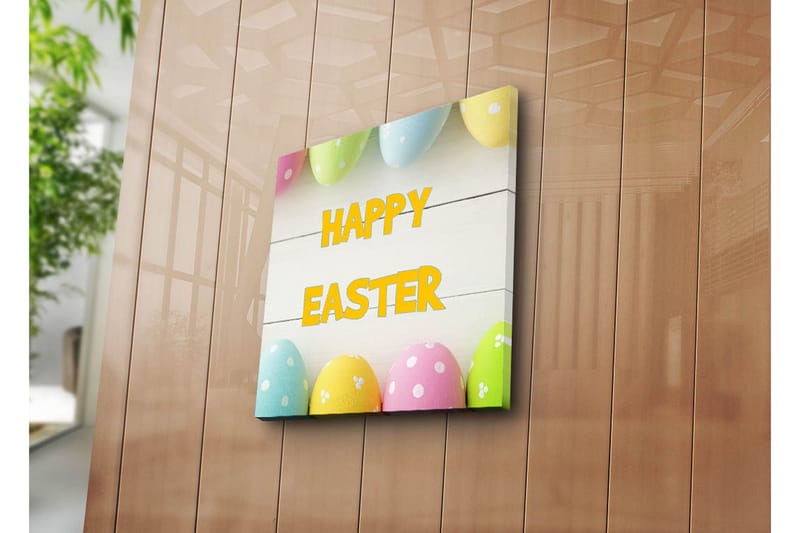 Canvas-taulu 45x45 cm - Värikkäät pääsiäismunat tekstillä HAPPY EASTER, Keltainen / Vaaleanpunainen / Vihreä