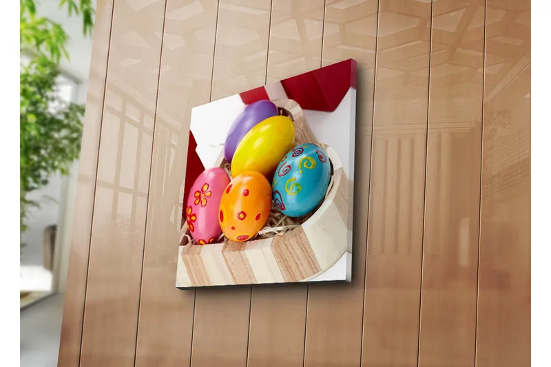 Canvas-taulu 45x45 cm - Värikkäät pääsiäismunat korissa, Keltainen / Vaaleanpunainen / Sininen