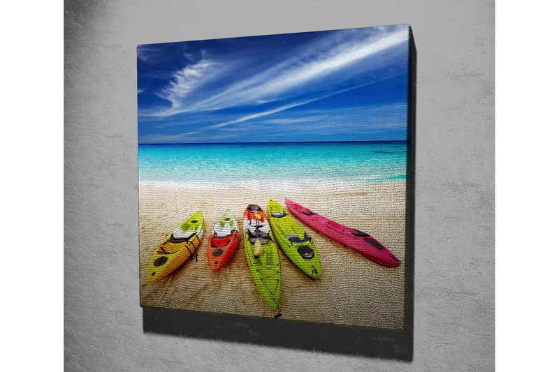 Canvas-taulu 45x45 cm - Värikkäitä kajakkeja hiekkarannalla meren rannalla - Sininen / Vihreä / Keltainen - Sisustustuotteet - Taulu & taide - Canvas-taulu