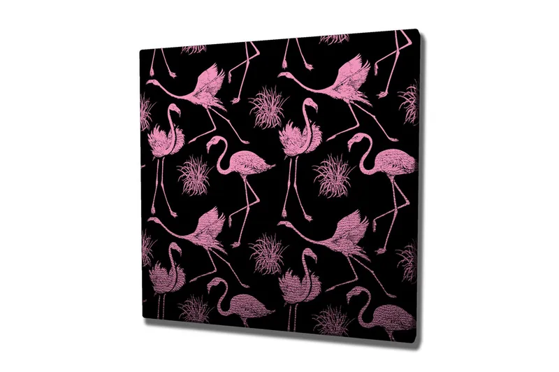 Canvas-taulu 45x45 cm - Vaaleanpunaisia flamingoja leikkisässä sommitelmassa, Vaaleanpunainen / Musta