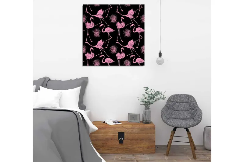 Canvas-taulu 45x45 cm - Vaaleanpunaisia flamingoja leikkisässä sommitelmassa - Vaaleanpunainen / Musta - Sisustustuotteet - Taulu & taide - Canvas-taulu