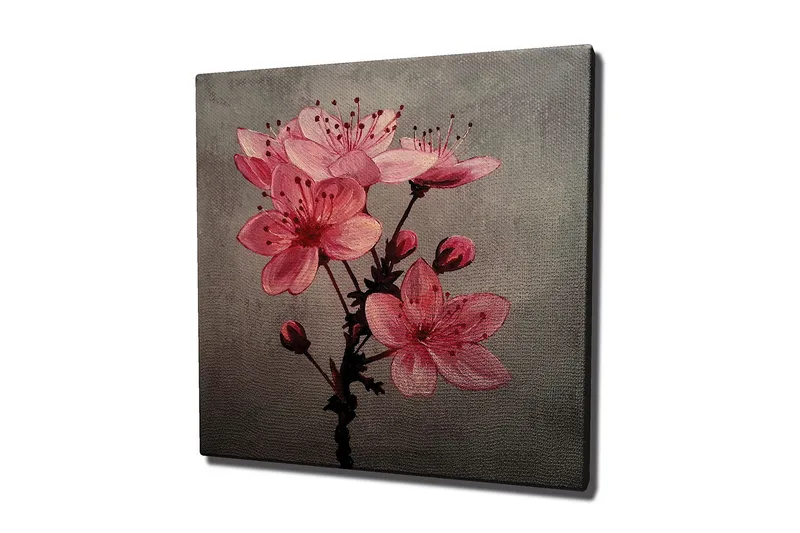 Canvas-taulu 45x45 cm - Vaaleanpunaisia kukkia nupuilla harmaalla pohjalla, Vaaleanpunainen / Harmaa