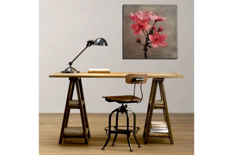 Canvas-taulu 45x45 cm - Vaaleanpunaisia kukkia nupuilla harmaalla pohjalla - Vaaleanpunainen / Harmaa - Sisustustuotteet - Taulu & taide - Canvas-taulu