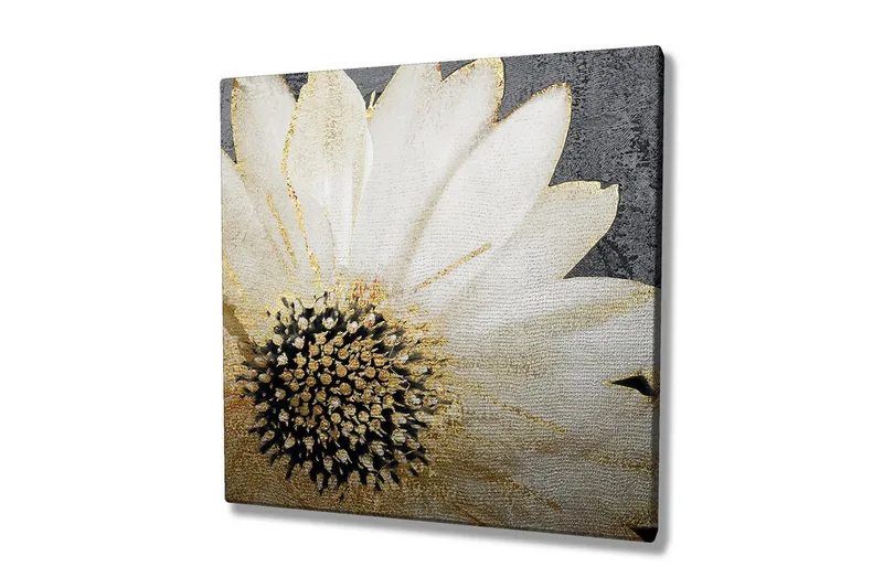 Canvas-taulu 45x45 cm - Valkoinen kukka mustalla keskellä ja kultaisilla yksityiskohdilla, Valkoinen / Musta / Kulta