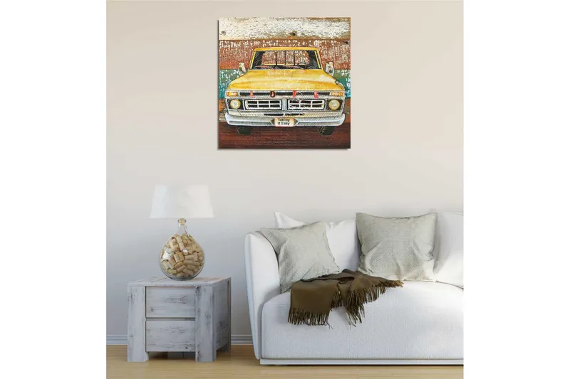 Canvas-taulu 45x45 cm - Vanha keltainen lava-auto rakkausviestillä - Keltainen / Ruskea / Vihreä - Sisustustuotteet - Taulu & taide - Canvas-taulu