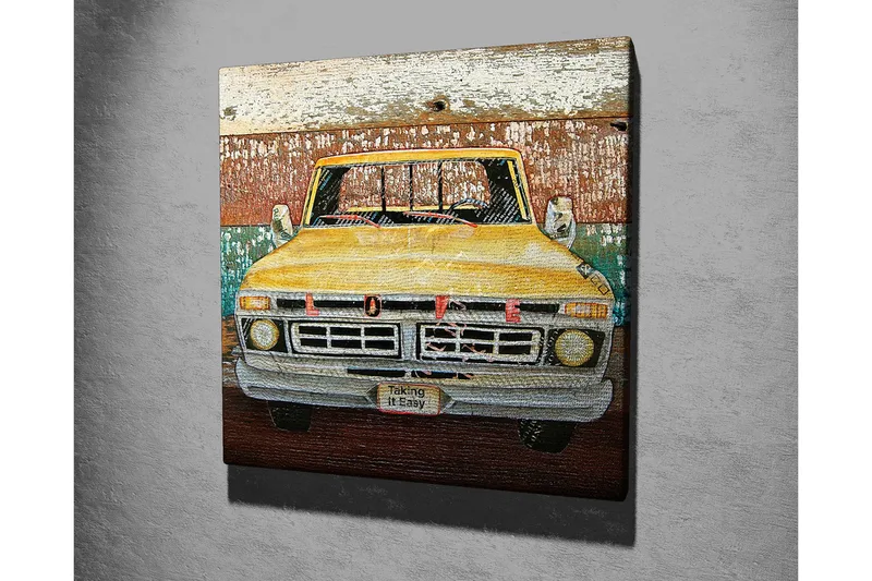 Canvas-taulu 45x45 cm - Vanha keltainen lava-auto rakkausviestillä - Keltainen / Ruskea / Vihreä - Sisustustuotteet - Taulu & taide - Canvas-taulu