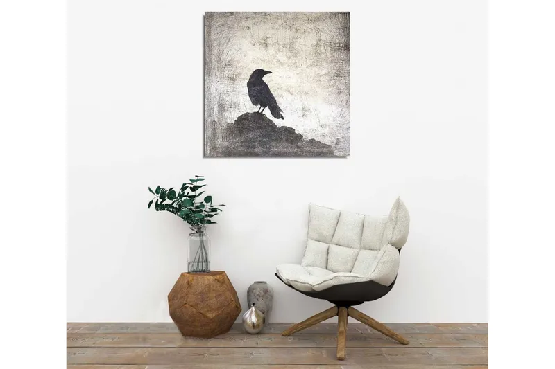 Canvas-taulu 45x45 cm - Variksen siluetti kivellä hillittyä taustaa vasten - Musta / Harmaa / Valkoinen - Sisustustuotteet - Taulu & taide - Canvas-taulu