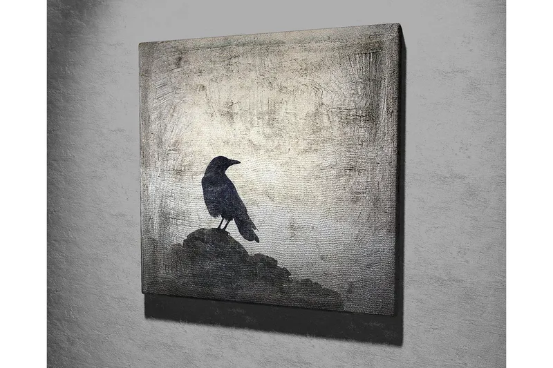 Canvas-taulu 45x45 cm - Variksen siluetti kivellä hillittyä taustaa vasten - Musta / Harmaa / Valkoinen - Sisustustuotteet - Taulu & taide - Canvas-taulu