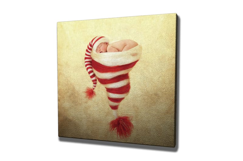 Canvas-taulu 45x45 cm - Vastasyntynyt vauva joululakki punavalkoisilla raidoilla, Punainen / Valkoinen / Beige