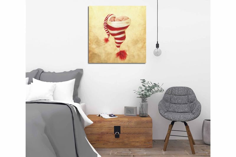 Canvas-taulu 45x45 cm - Vastasyntynyt vauva joululakki punavalkoisilla raidoilla - Punainen / Valkoinen / Beige - Sisustustuotteet - Taulu & taide - Canvas-taulu