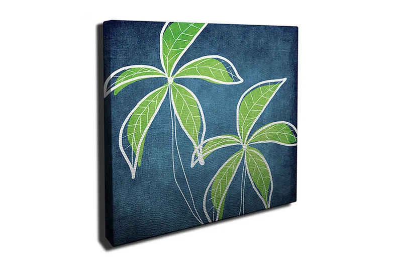 Canvas-taulu 45x45 cm - Vehreitä palmunlehtiä syvänsinistä taustaa vasten, Vihreä / Sininen