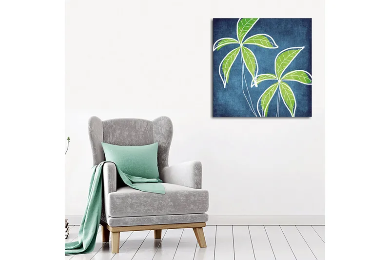 Canvas-taulu 45x45 cm - Vehreitä palmunlehtiä syvänsinistä taustaa vasten - Vihreä / Sininen - Sisustustuotteet - Taulu & taide - Canvas-taulu