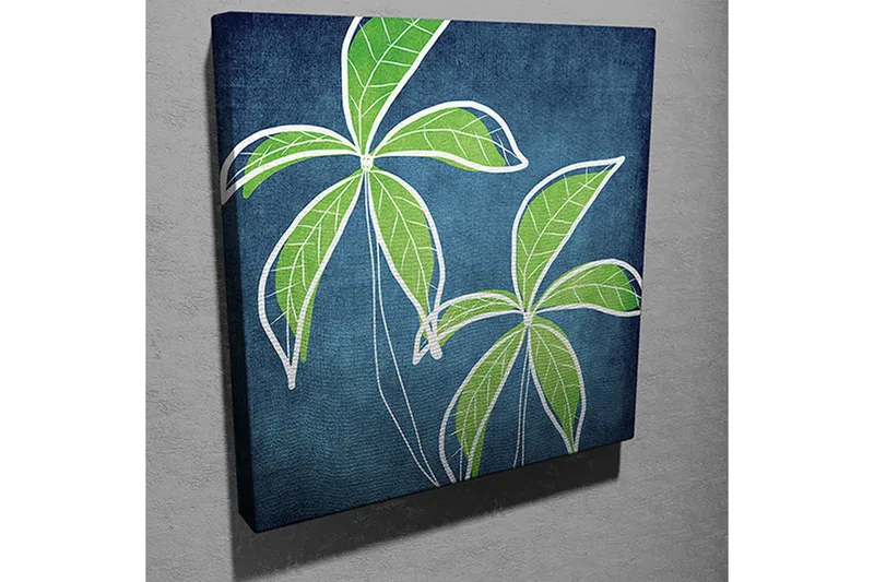 Canvas-taulu 45x45 cm - Vehreitä palmunlehtiä syvänsinistä taustaa vasten - Vihreä / Sininen - Sisustustuotteet - Taulu & taide - Canvas-taulu