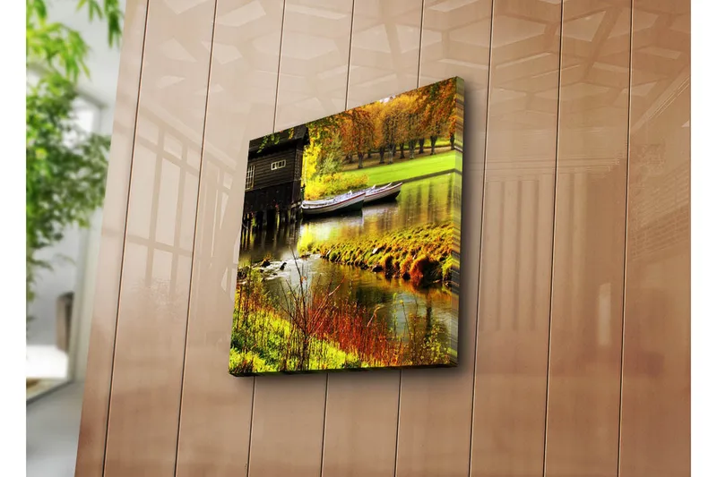 Canvas-taulu 45x45 cm - Veneitä rauhallisella järvellä syksyn väreissä - Vihreä / Oranssi / Ruskea - Sisustustuotteet - Taulu & taide - Canvas-taulu