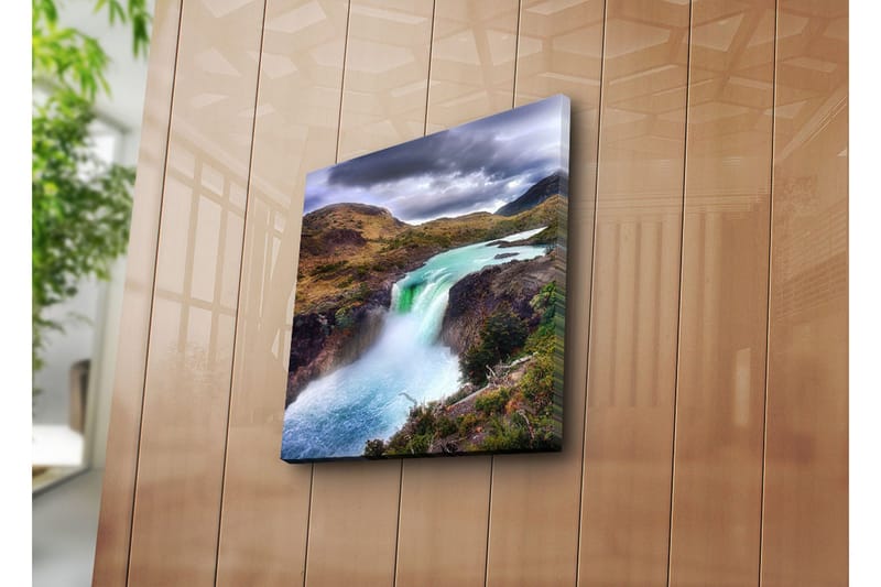 Canvas-taulu 45x45 cm - Vesiputous rehevien vuorten ja laaksojen ympäröimänä - Turkoosi / Vihreä / Tummanharmaa - Sisustustuotteet - Taulu & taide - Canvas-taulu
