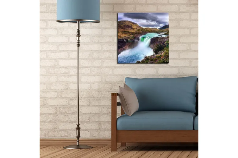Canvas-taulu 45x45 cm - Vesiputous rehevien vuorten ja laaksojen ympäröimänä - Turkoosi / Vihreä / Tummanharmaa - Sisustustuotteet - Taulu & taide - Canvas-taulu