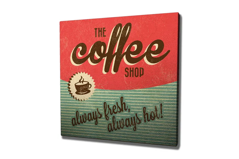 Canvas-taulu 45x45 cm - Vintage-kyltti kahvilalle tekstillä ja kahvikupilla, Punainen / Vihreä / Ruskea