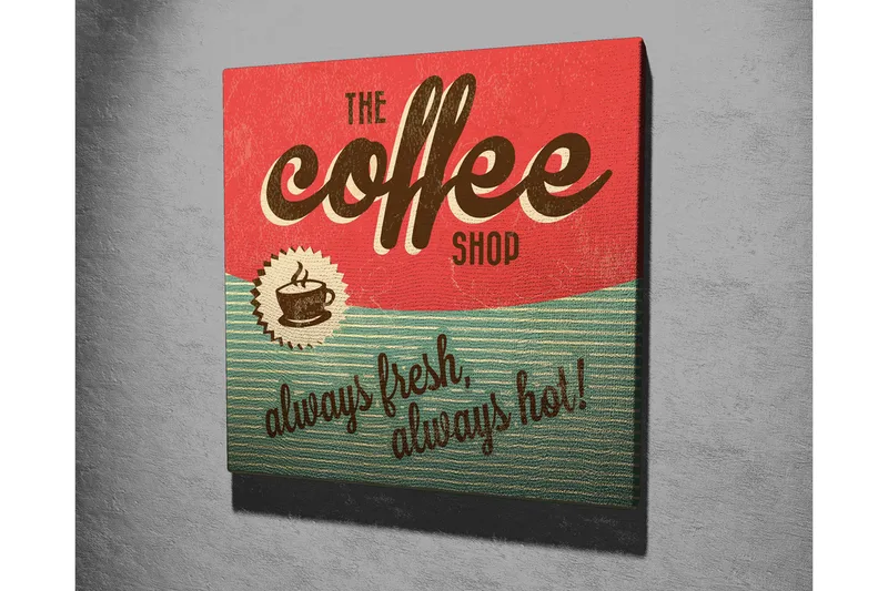 Canvas-taulu 45x45 cm - Vintage-kyltti kahvilalle tekstillä ja kahvikupilla - Punainen / Vihreä / Ruskea - Sisustustuotteet - Taulu & taide - Canvas-taulu