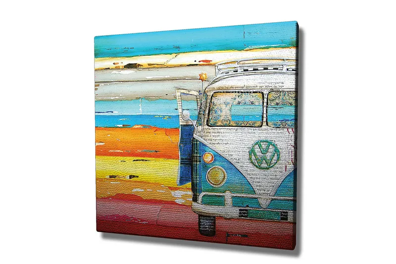 Canvas-taulu 45x45 cm - Vintage Volkswagen-bussi värikkäässä rantamiljöössä, Sininen / Oranssi / Valkoinen