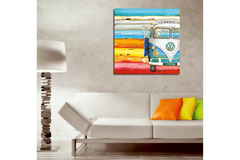 Canvas-taulu 45x45 cm - Vintage Volkswagen-bussi värikkäässä rantamiljöössä - Sininen / Oranssi / Valkoinen - Sisustustuotteet - Taulu & taide - Canvas-taulu