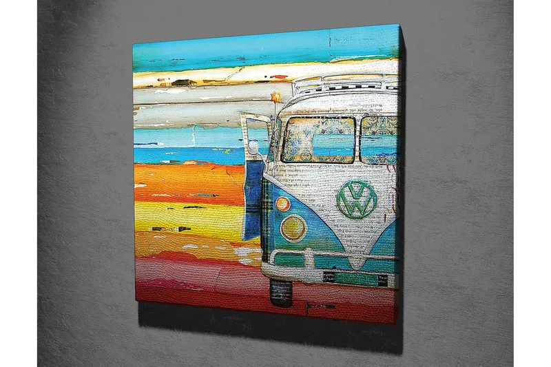 Canvas-taulu 45x45 cm - Vintage Volkswagen-bussi värikkäässä rantamiljöössä - Sininen / Oranssi / Valkoinen - Sisustustuotteet - Taulu & taide - Canvas-taulu