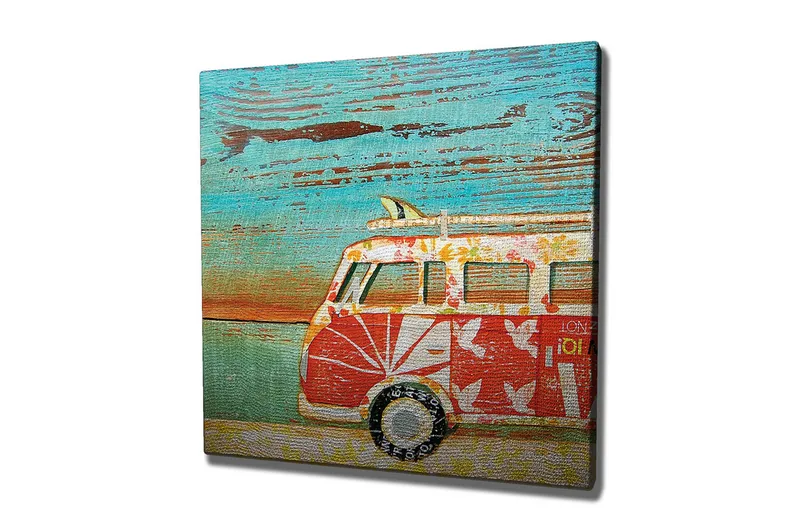 Canvas-taulu 45x45 cm - Vintage-pakettiauto kukkakuviolla värikkäässä ympäristössä, Punainen / Turkoosi / Valkoinen