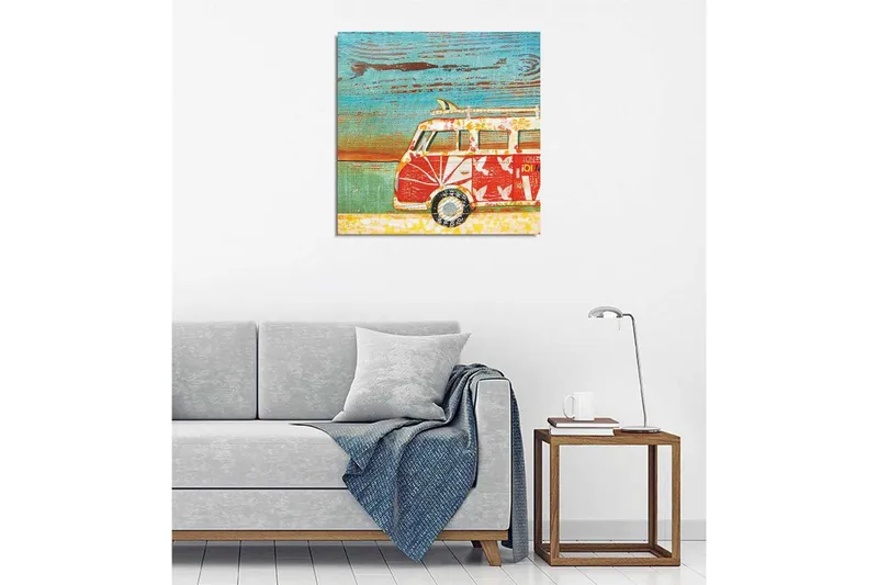 Canvas-taulu 45x45 cm - Vintage-pakettiauto kukkakuviolla värikkäässä ympäristössä - Punainen / Turkoosi / Valkoinen - Sisustustuotteet - Taulu & taide - Canvas-taulu