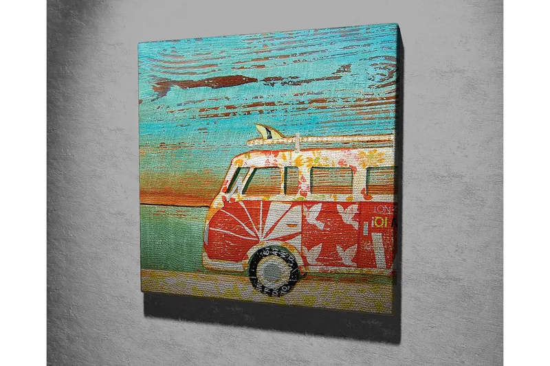 Canvas-taulu 45x45 cm - Vintage-pakettiauto kukkakuviolla värikkäässä ympäristössä - Punainen / Turkoosi / Valkoinen - Sisustustuotteet - Taulu & taide - Canvas-taulu