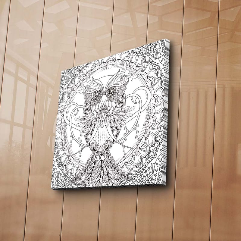 Canvas-taulu 45x45 cm - Yksityiskohtainen ja tyylitelty pöllö koristekuvioiden ympäröimänä - Musta / Valkoinen - Sisustustuotteet - Taulu & taide - Canvas-taulu