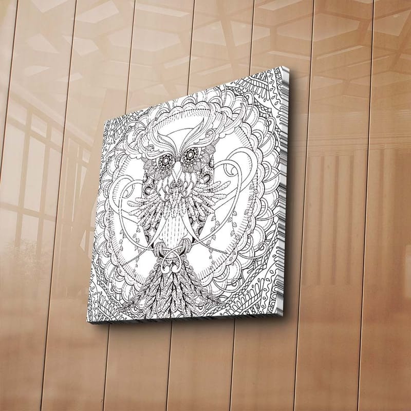 Canvas-taulu 45x45 cm - Yksityiskohtainen ja tyylitelty pöllö koristekuvioiden ympäröimänä - Musta / Valkoinen - Sisustustuotteet - Taulu & taide - Canvas-taulu