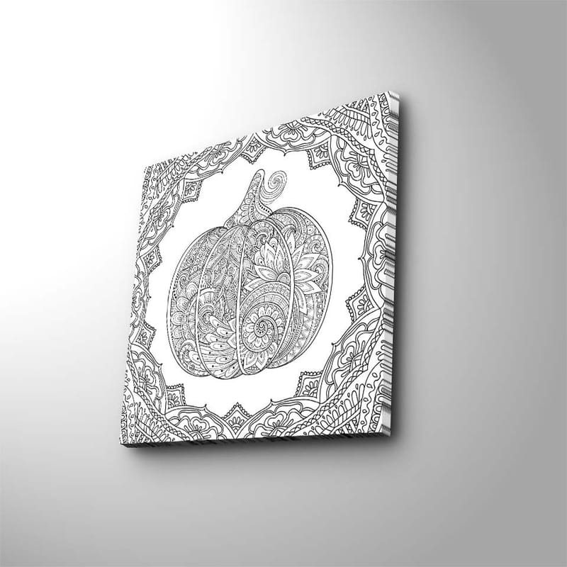 Canvas-taulu 45x45 cm - Yksityiskohtainen kurpitsa koristeellisilla kuvioilla, Musta / Valkoinen