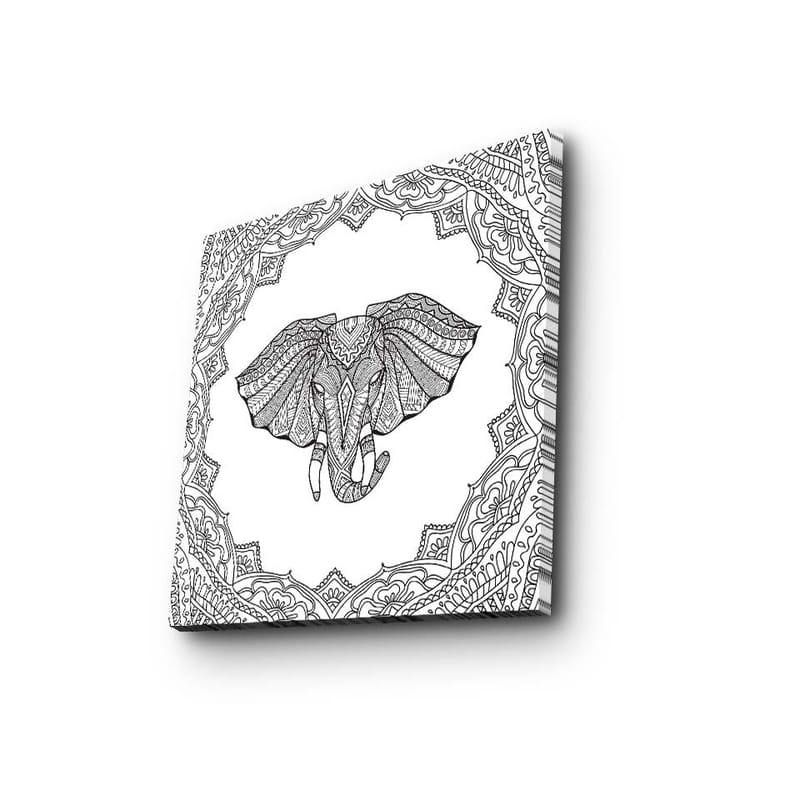 Canvas-taulu 45x45 cm - Yksityiskohtainen kuva norsusta koristekuvioiden ympäröimänä - Musta / Valkoinen - Sisustustuotteet - Taulu & taide - Canvas-taulu