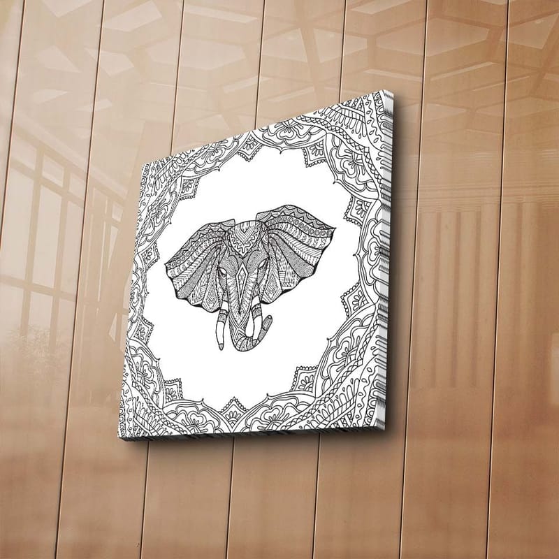 Canvas-taulu 45x45 cm - Yksityiskohtainen kuva norsusta koristekuvioiden ympäröimänä - Musta / Valkoinen - Sisustustuotteet - Taulu & taide - Canvas-taulu